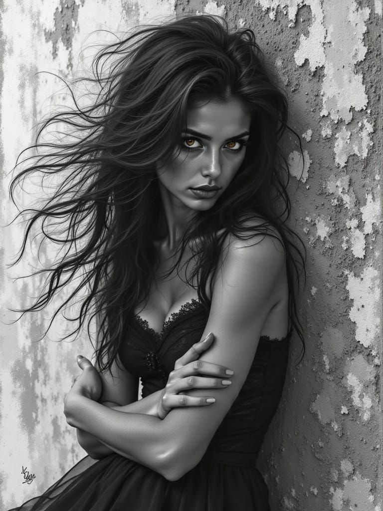 Monochrome Portrait of Introspection by Cracked Brick Wall