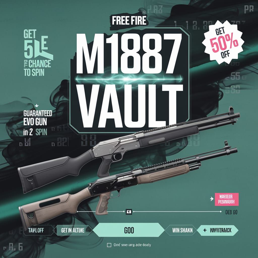 A Free Fire promotional thumbnail for the "M1887 Vault" event. Background in gradient teal and dark green with abstract smoke and number pat...