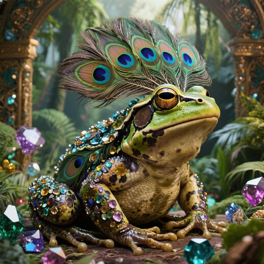 A large frog, covered in peacock feathers, with a large fan feather display on it's head, in an ornate ...  by @DW
