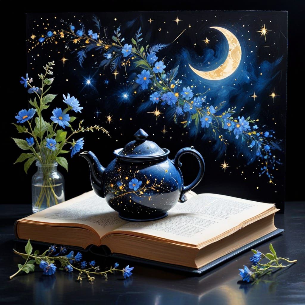 The image depicts a blue scene against a starry night sky, with the moon visible in the upper left corner. ...  by @athina dimitriadou