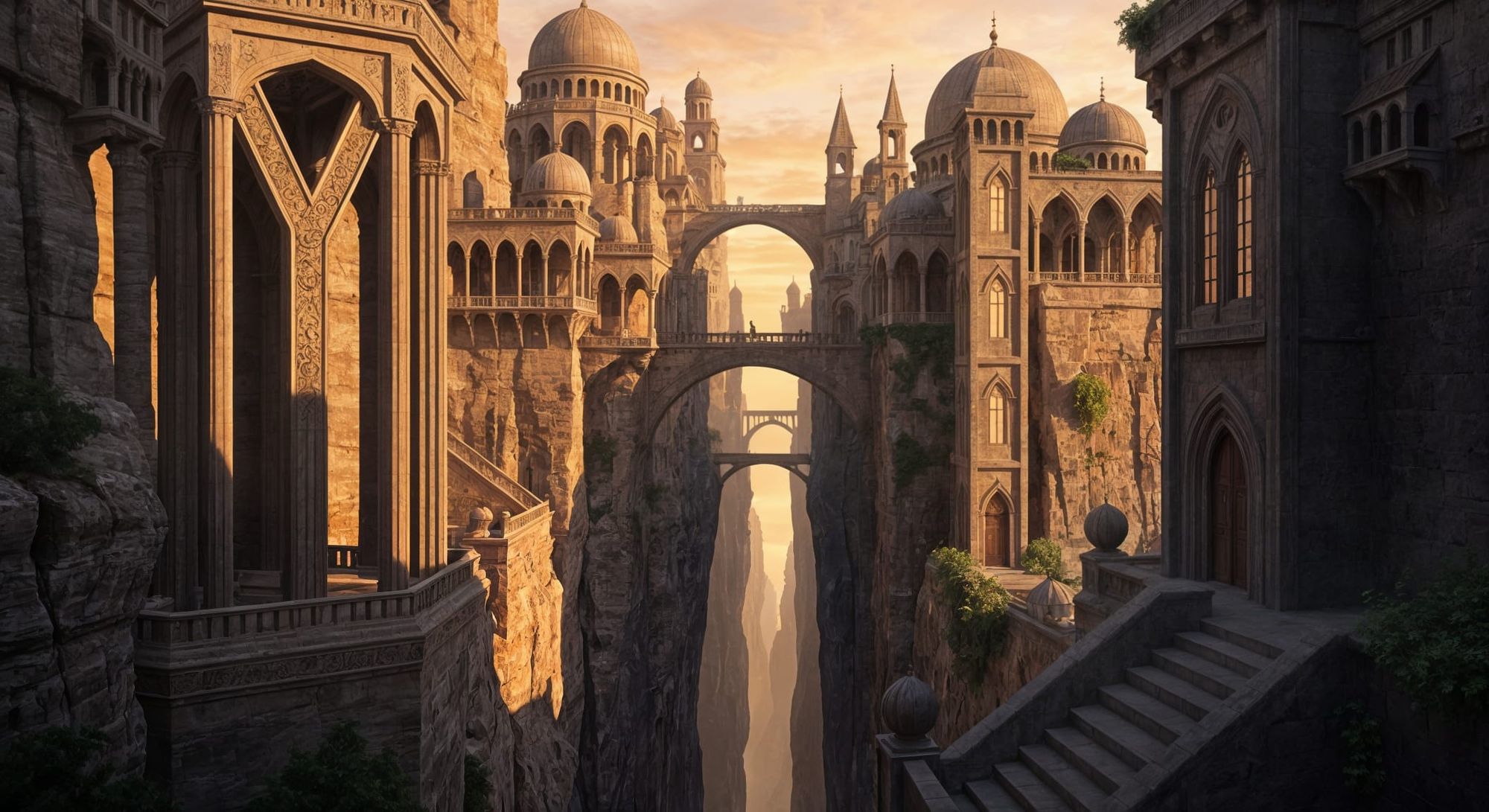 Surreal city carved into vertical cliffs, inspired by Gothic and Middle Eastern architecture, hyperrealistic concept art, warm sunset lighti...