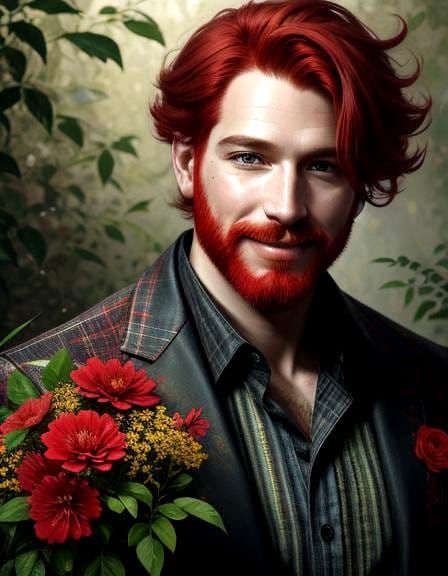 A handsome man of 36 years old, red hair, manly face, deep gaze, mischievous smile, lowered beard, plaid ...  by @Hugo Raul