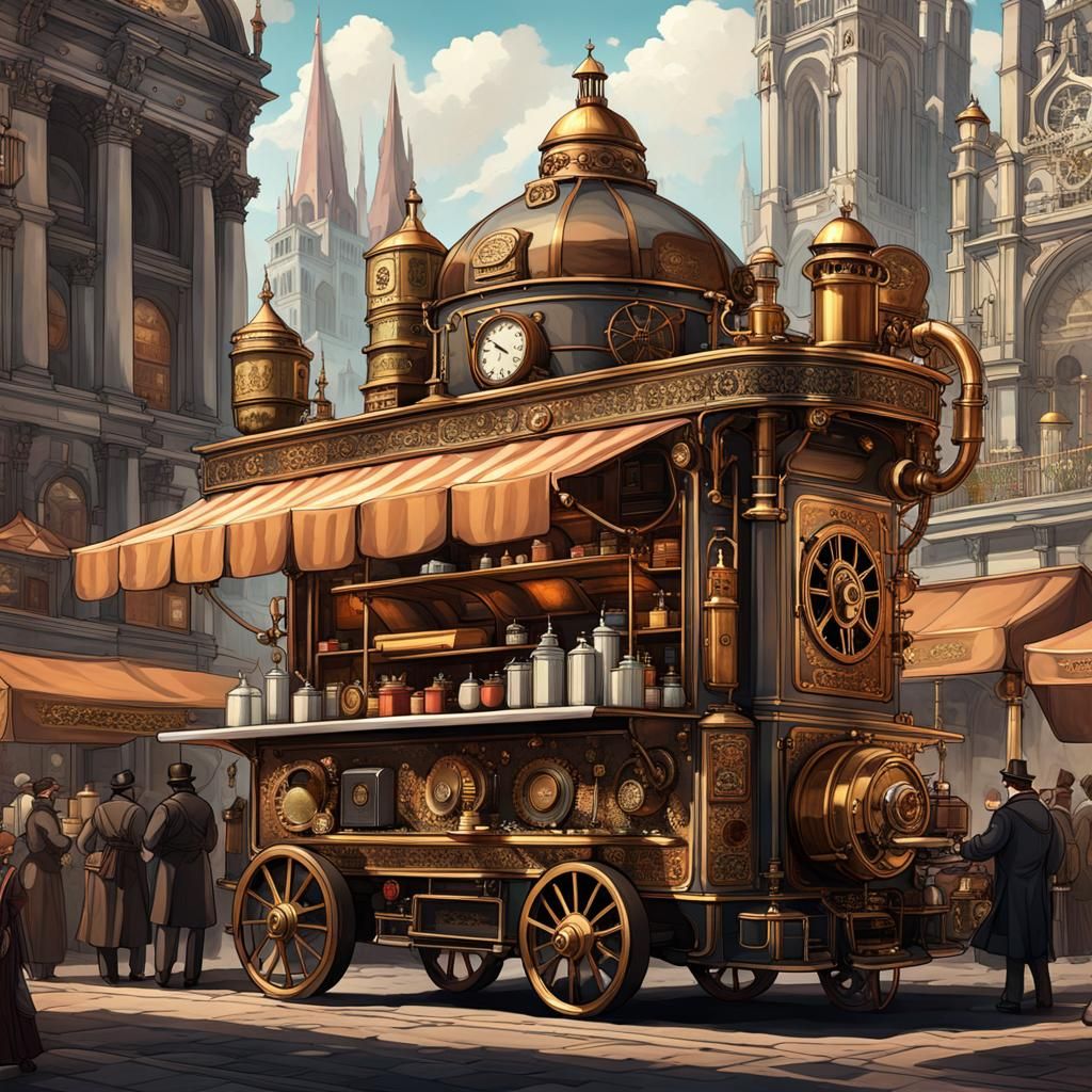 An illustration of a steampunk-style food truck, with a vintage aesthetic and complex machinery. The ...  by @Philippe