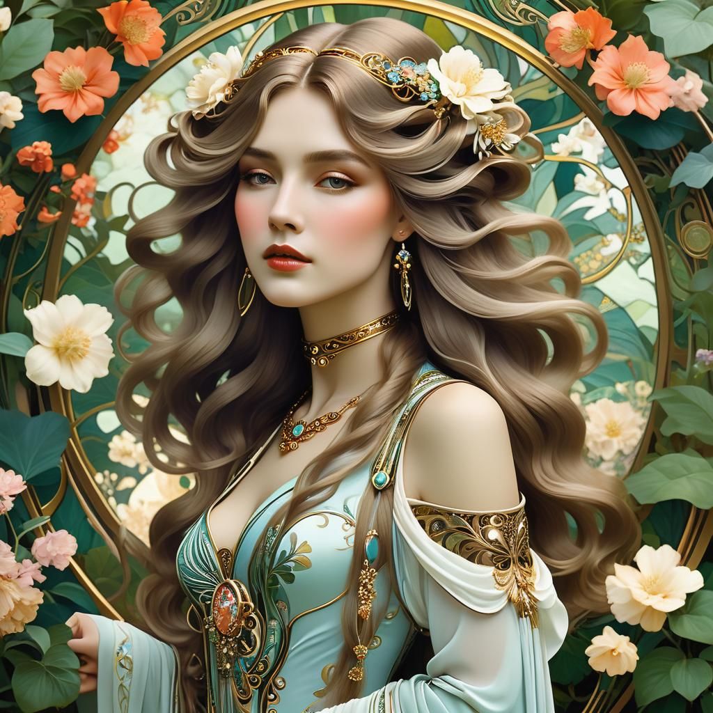 Art Nouveau Woman in Floral Garden with Ornate Jewelry