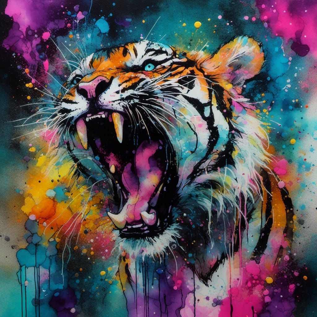 <lora:HRH-neonGrunge:1.0> neon grunge, abstract, alcohol inks, tiger cub chase, scream style