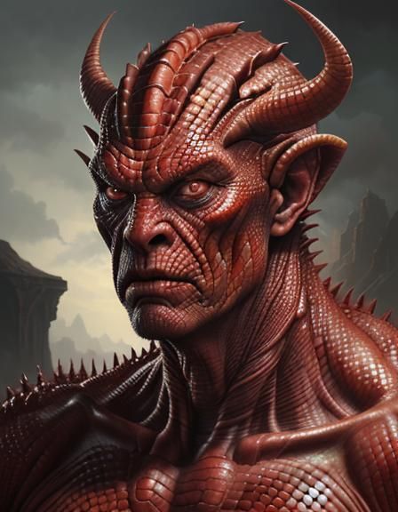 Red Hell Monster man, beautiful face and eyes,  reptile skin...