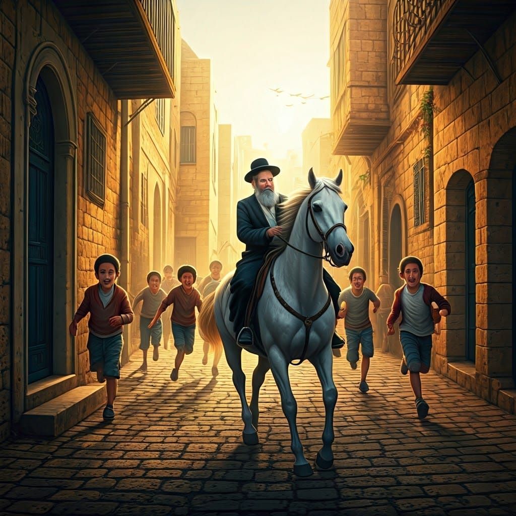 יהודי חרדי חסידי בדהירה על סוס לבן בסמטאות צפת ועשרות נערים ...
