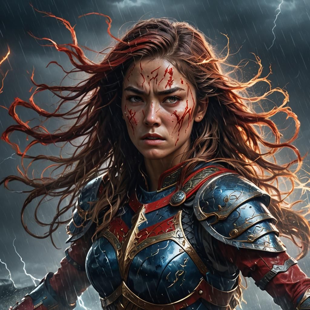Red-Clad Warrior Amidst Storm: Hyper-Realistic Digital Art