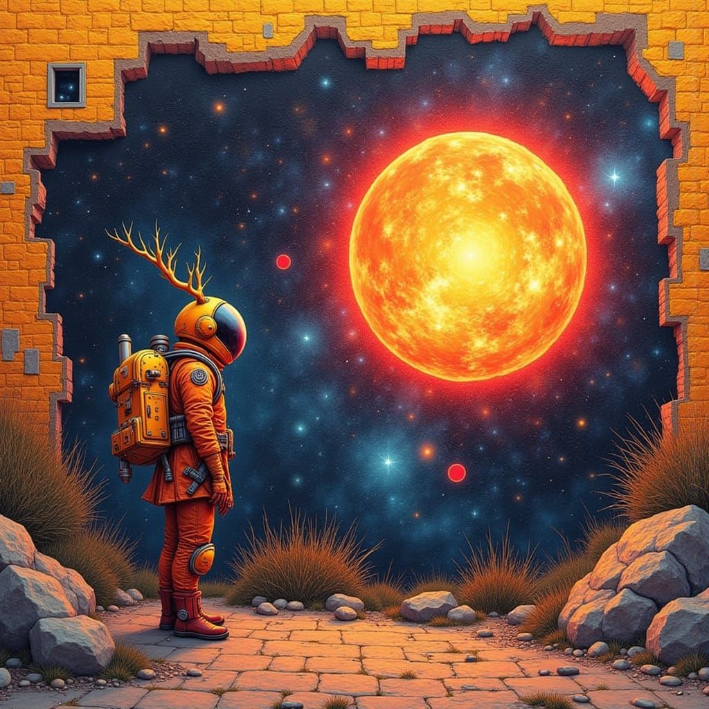 A Graffiti wall with 

A Golden Stag with jagged, asymmetrical features, its body a patchwork of shifting shapes and textures—cracked metal,...