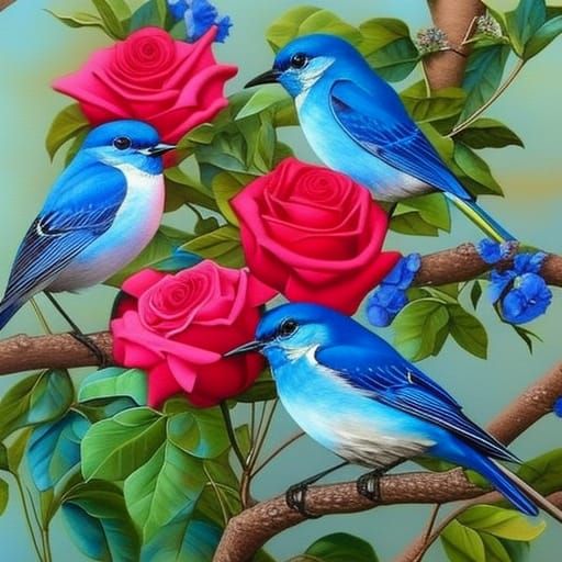 Hyperdetailed Bluebirds and roses By artist "Chantal Misplon...