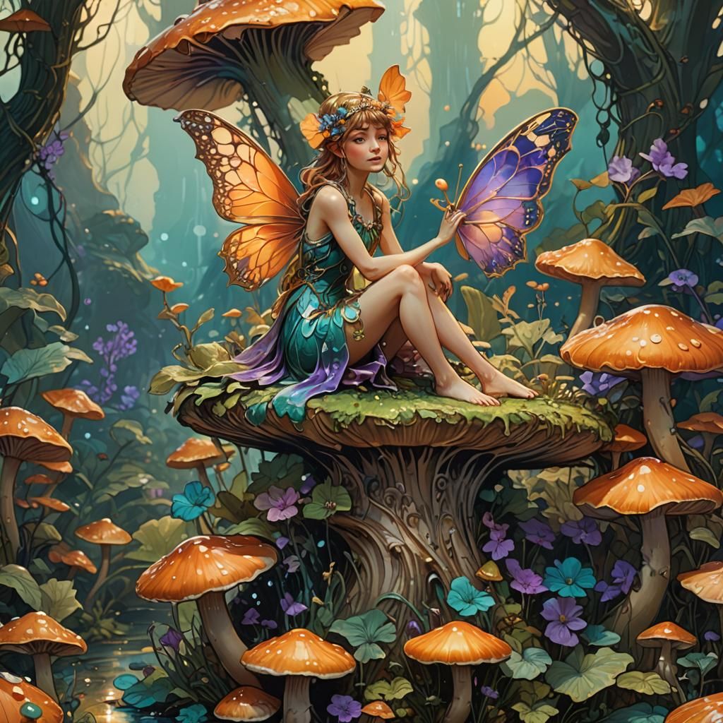 Macro photography of a tiny fairy sitting on a mushroom. Dew...
