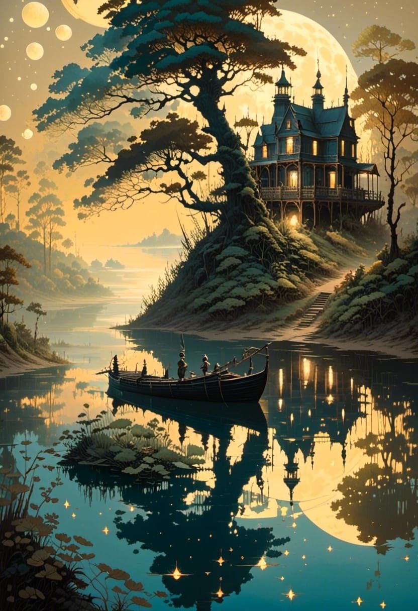  <lora:Anime fantasy:1.0> perfect Moon water lake ethereal réflection 