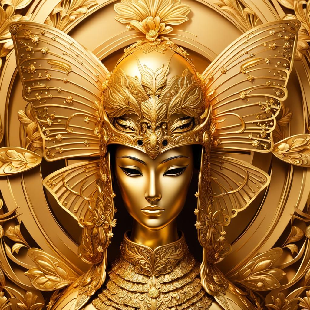 In an intricately stylized artwork, envision a golden girl a...