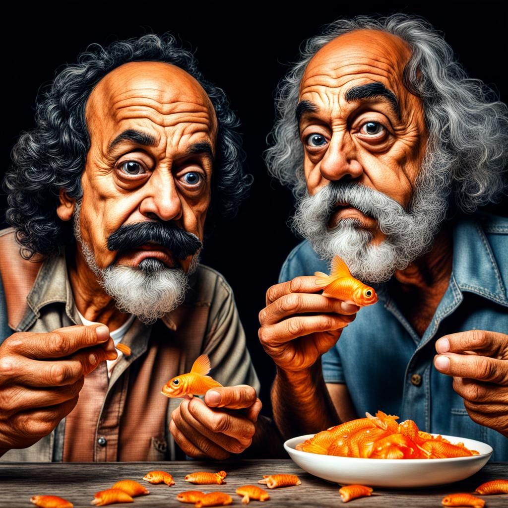 Cheech and Chong with big eyes eating goldfish