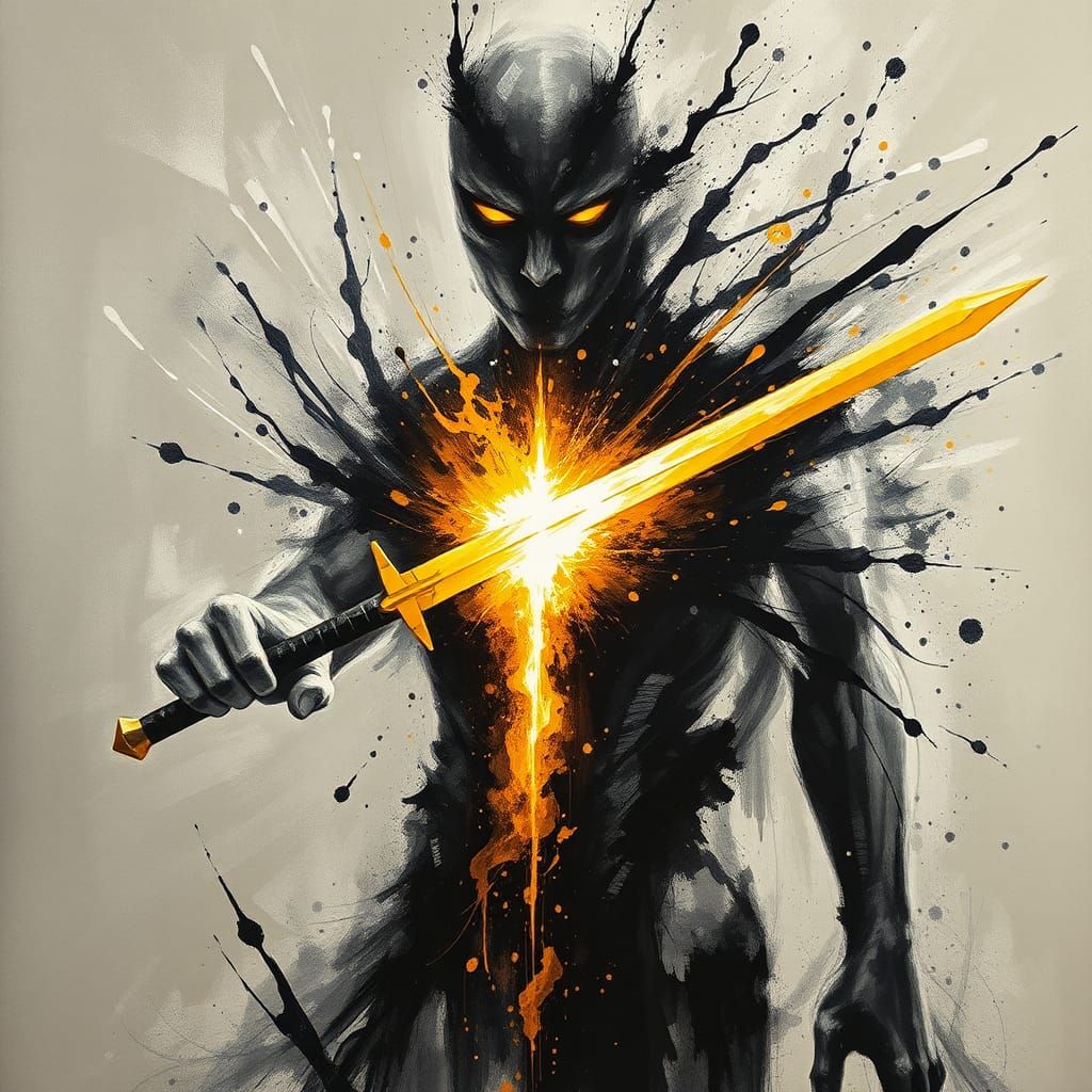 Holding single good sword piercing through chest releasing g...