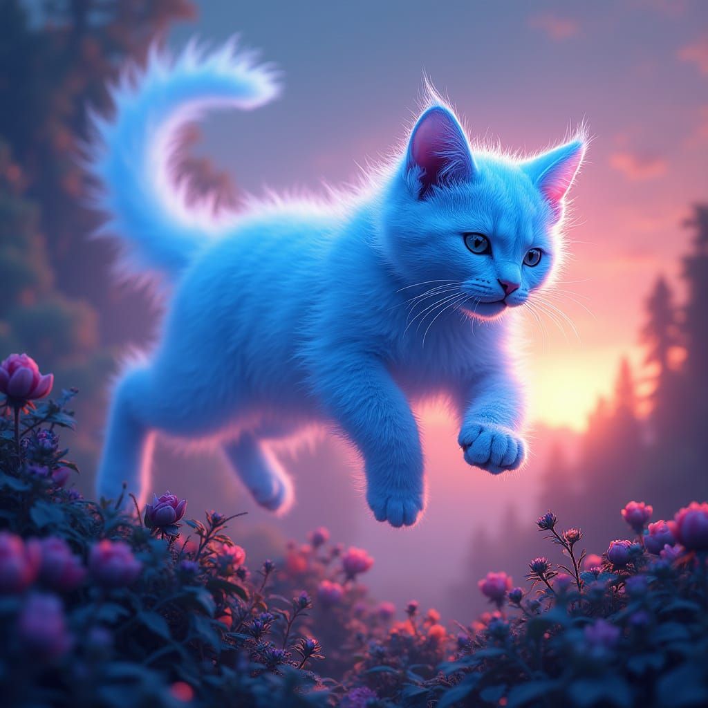 A spectral blue feline, its form shimmering with ethereal energy, gracefully leaps across a vibrant, ...  by @Silphir