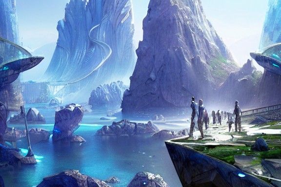 a futuristic city surrounded by water and rocks, a detailed ...