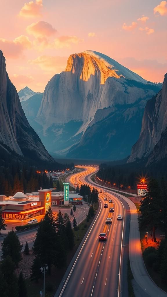 A ten-lane superhighway right down the middle of Yosemite Valley with fast food restaurants and hotels beneath Half Dome and El Capitan, art...