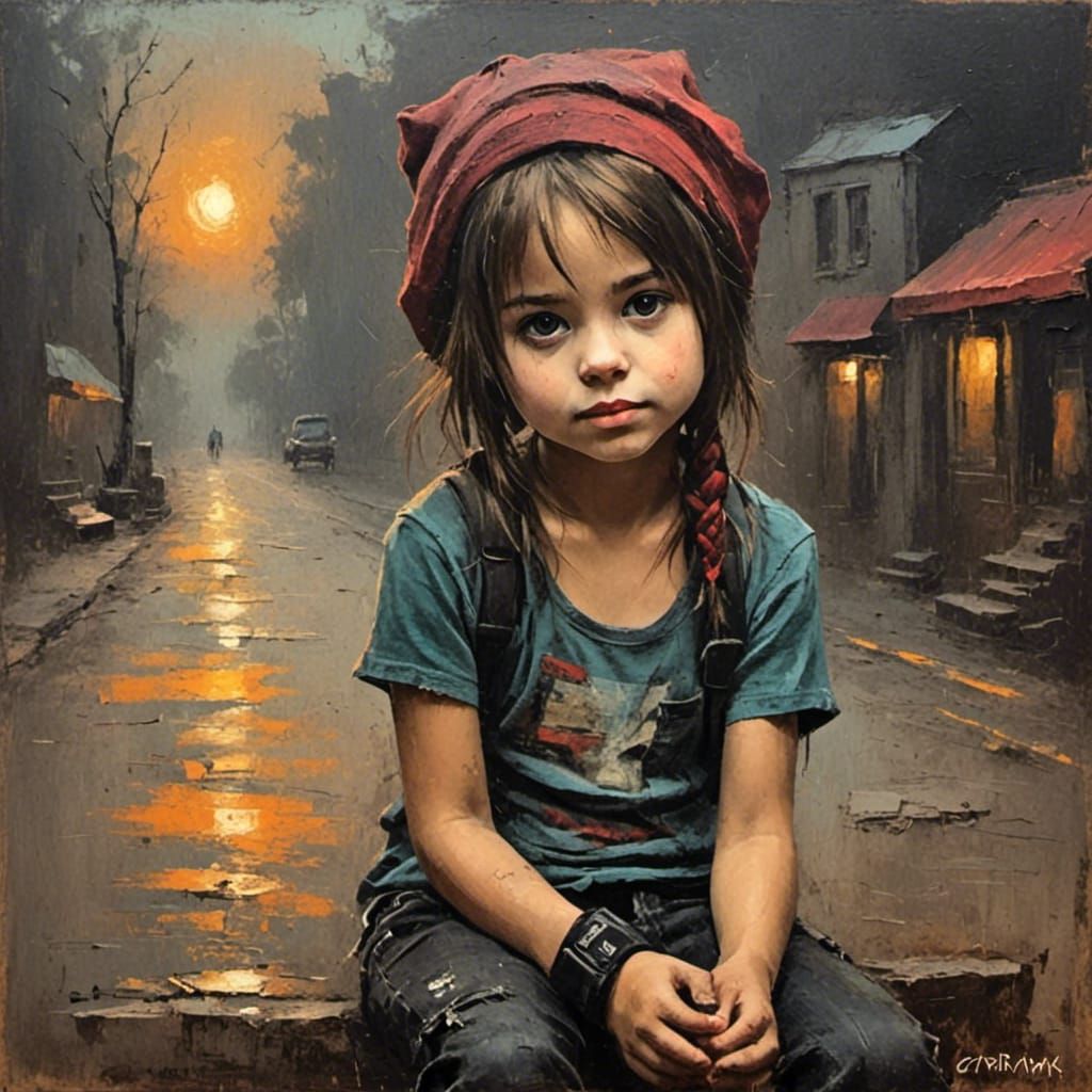 Cute Emo Girl in the style of a grungy oil chalk painting. <lora:Oil Chalk Paintings:1.0> 