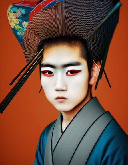 young asian male, large eyes, artist's painting, portrait, z...