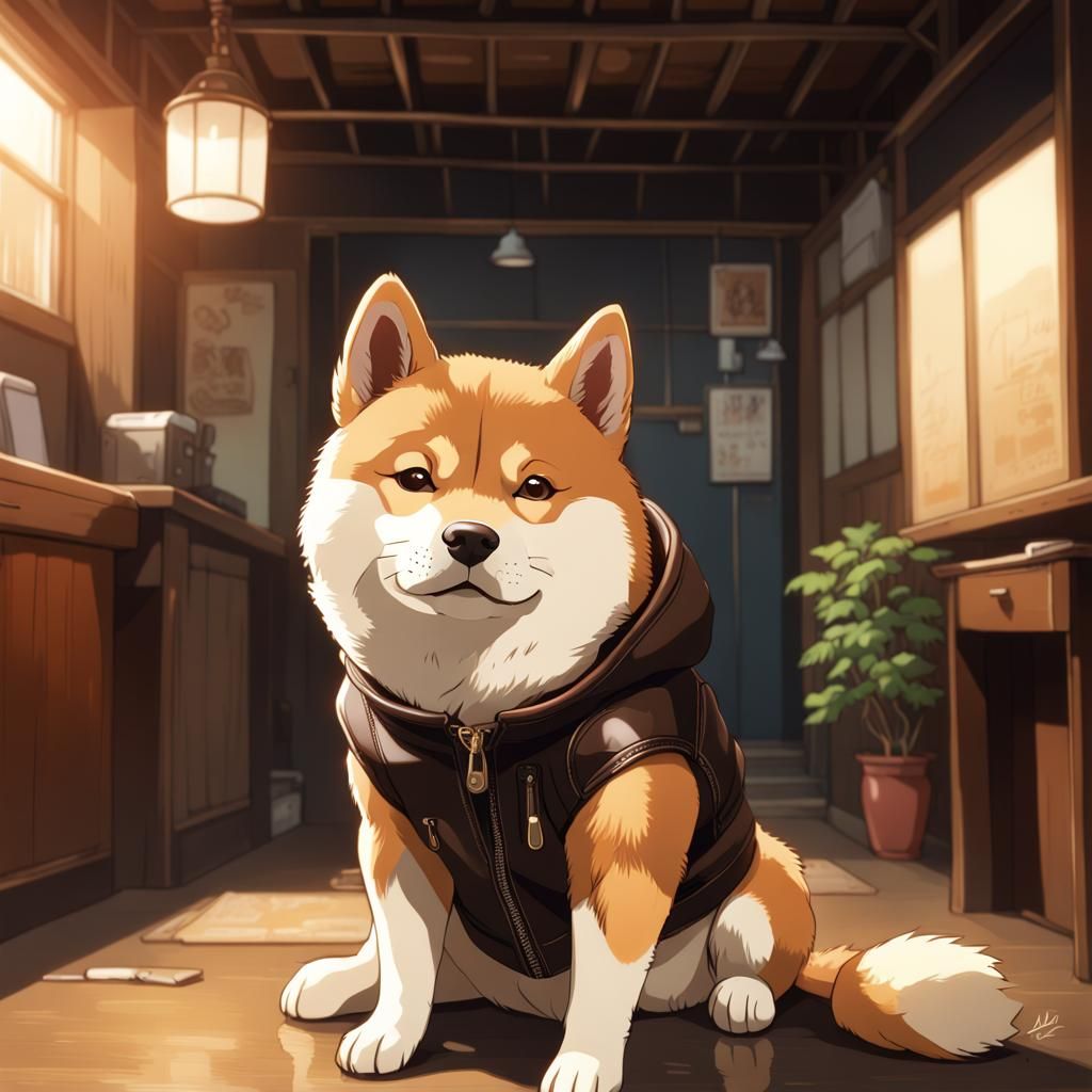 Shiba inu waring a leather jacket