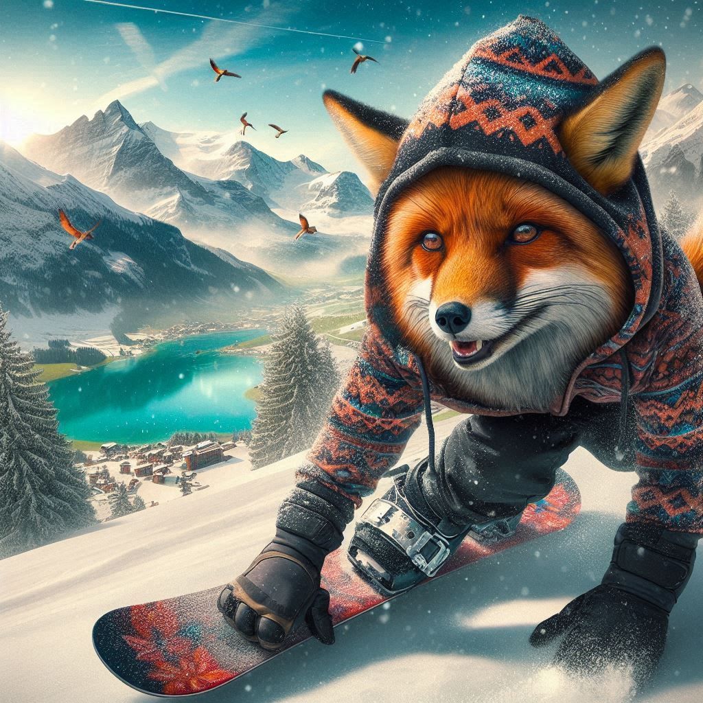 Paprika the fox is snowboarding in Switzerland!!