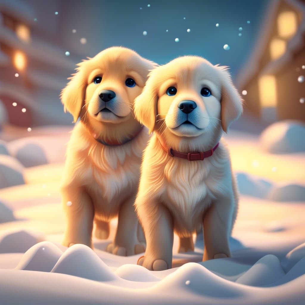 Golden Retriever Puppies Play in Snow: 3D Digital Art
