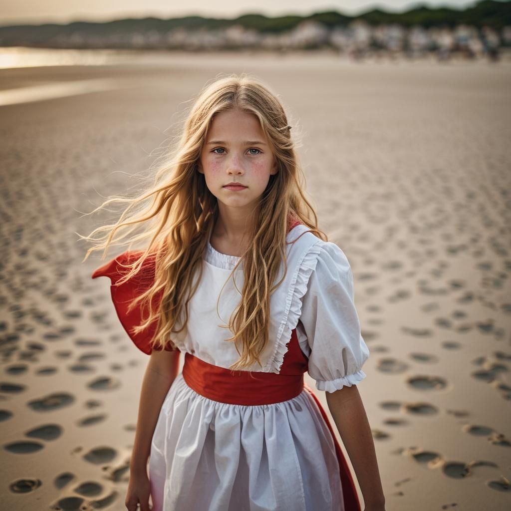 Golden-Haired Girl on Serene Beach: Color Portrait