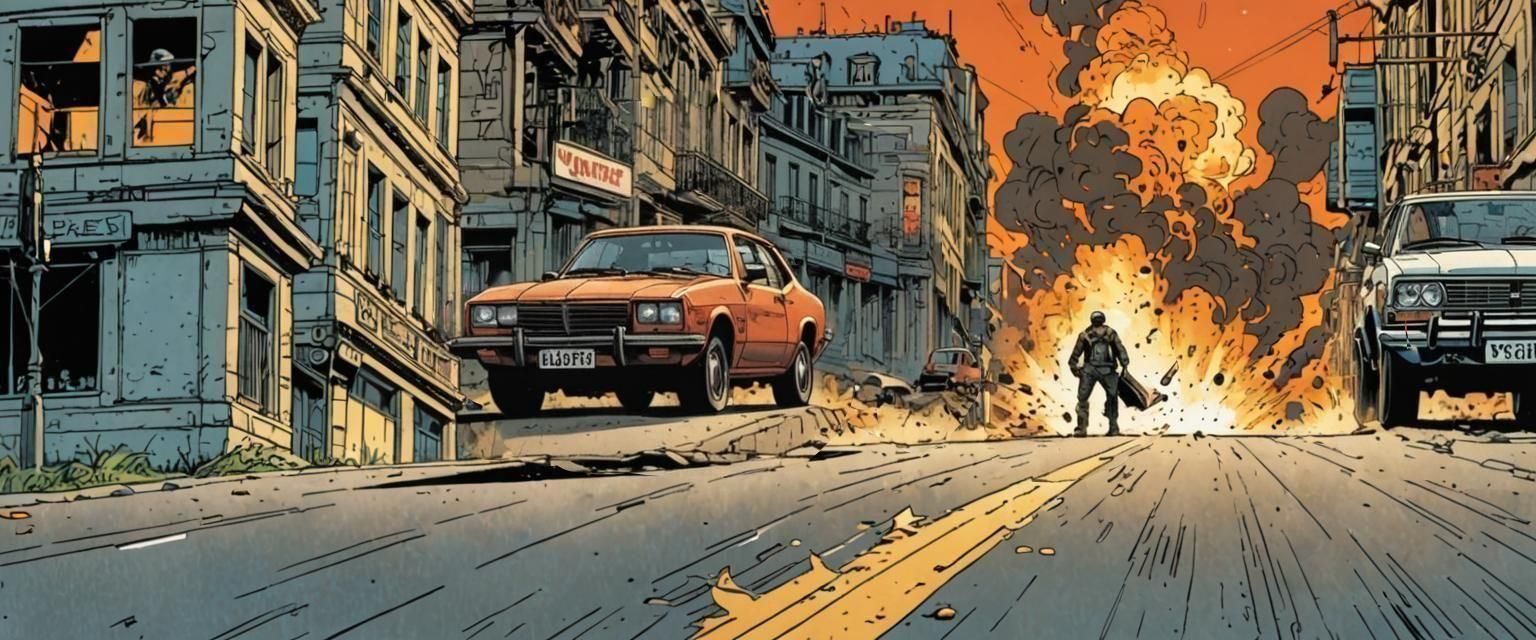 años 80 france, vehicle flees in a chase while another vehicle shoots at it. Mark Brooks and Dan Mumford,old school comic book art, perfect,...