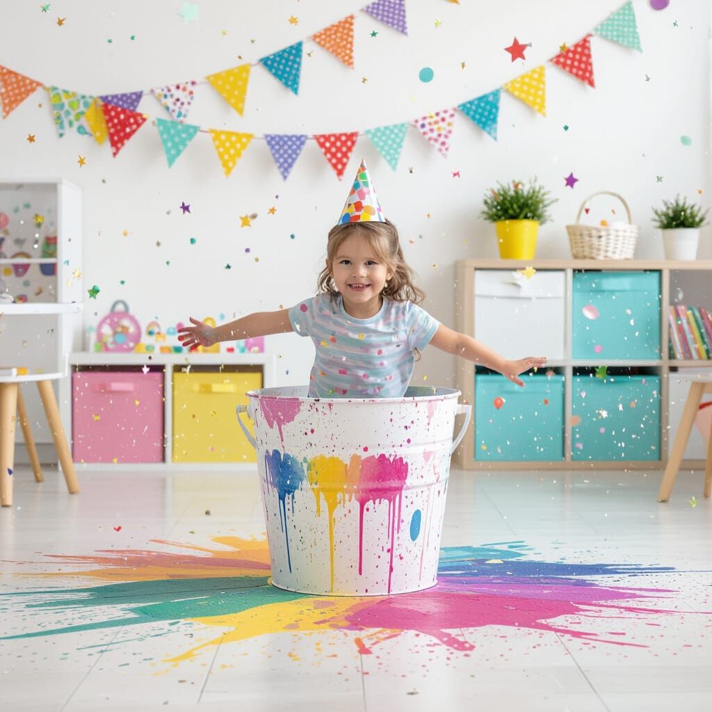Vibrant Paint Bucket Spills Glittering Colors Onto Floor