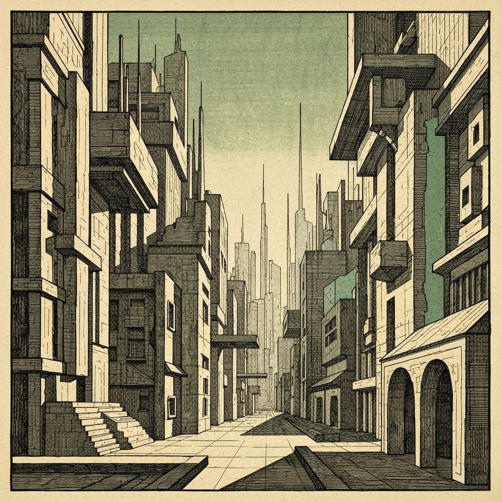 Dürer style Mathematical and cubist art technique melting in futuristic Sin City.. trespass..  ukiyo-e with rustic colours geometry & geomet...