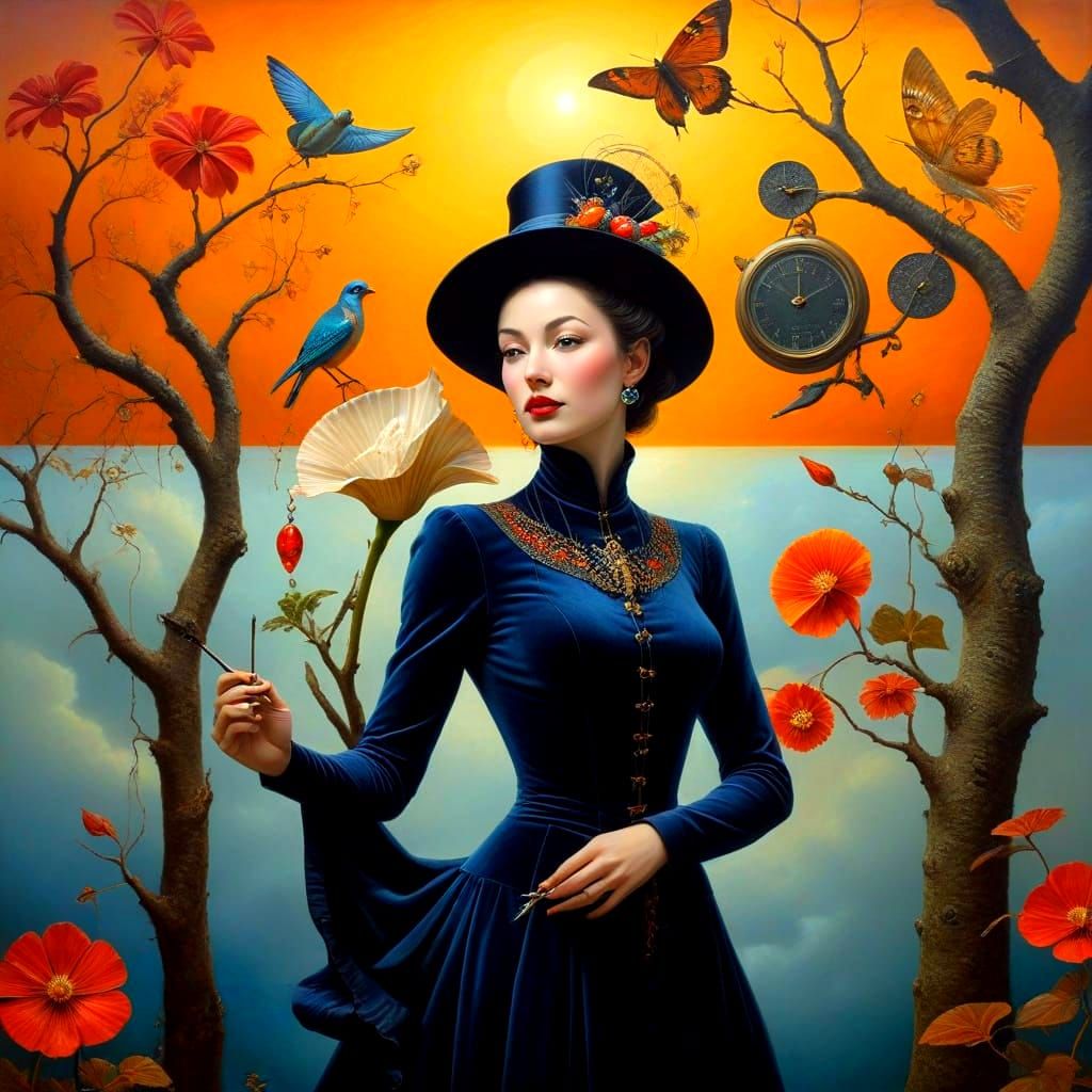 Whimsical Surrealist Lady in a Fantastical Composition