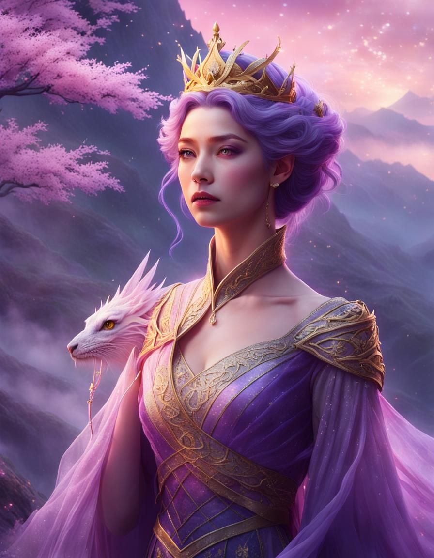 Anime Queen with Dragon Features on Misty Mountain