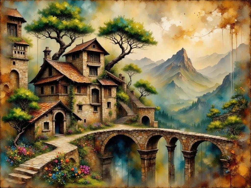 Old painting of a mountain village  by @Jazmilia