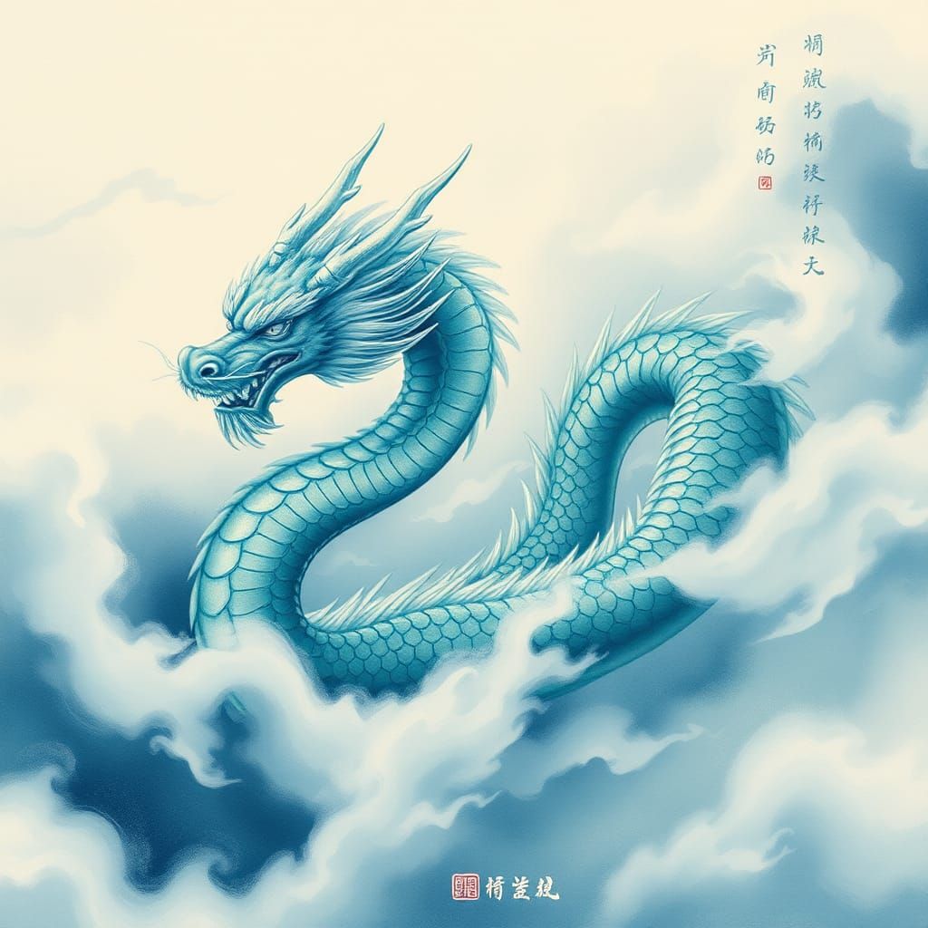 Azure Dragon in Chinese Watercolor Style