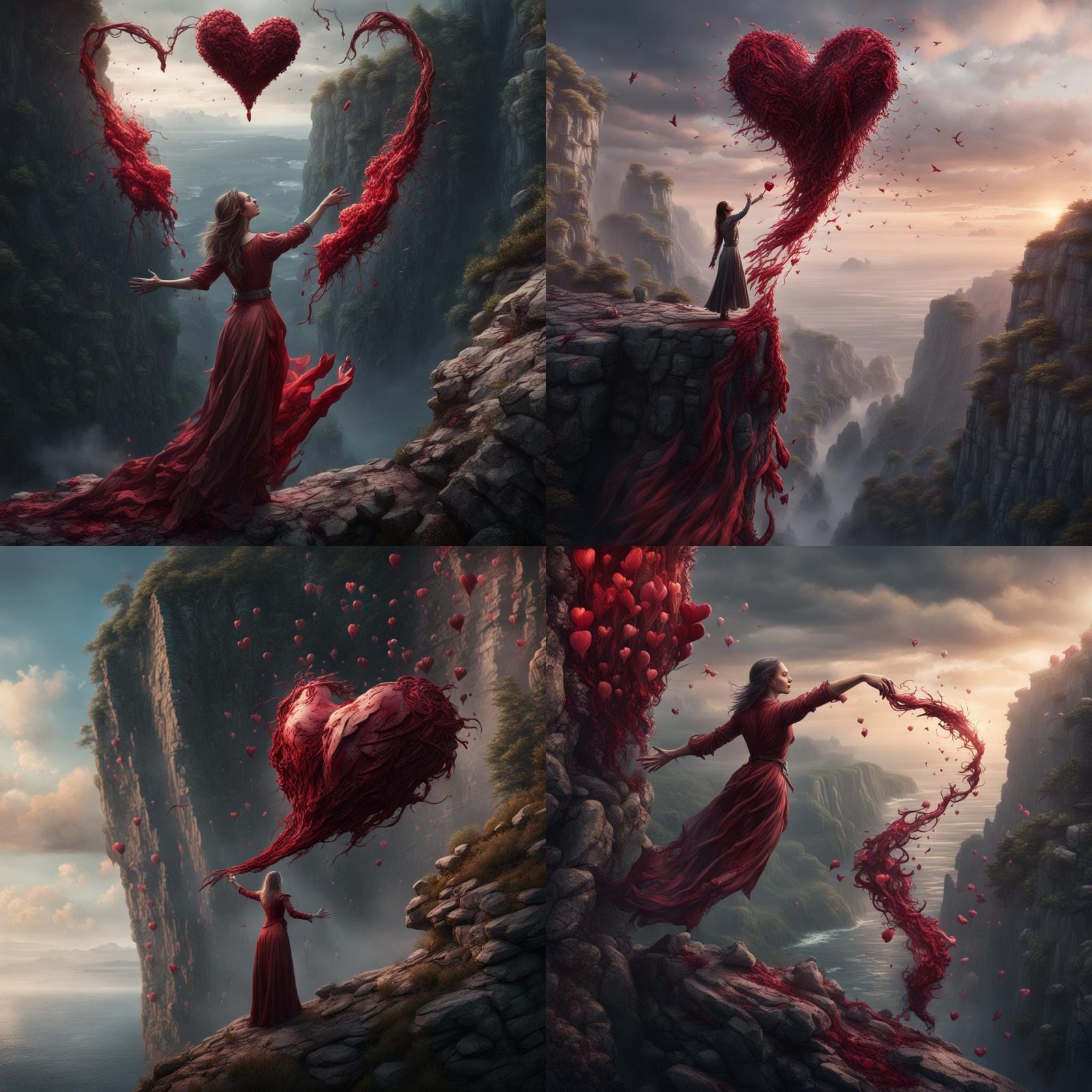 Woman throwing bleeding heart away from a cliff