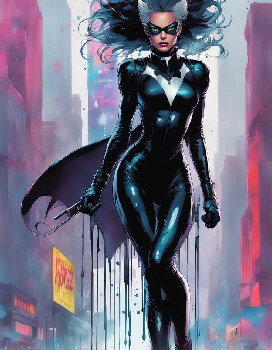 Black Cat. Full portrait. Acrylic splash art, apparent navel...