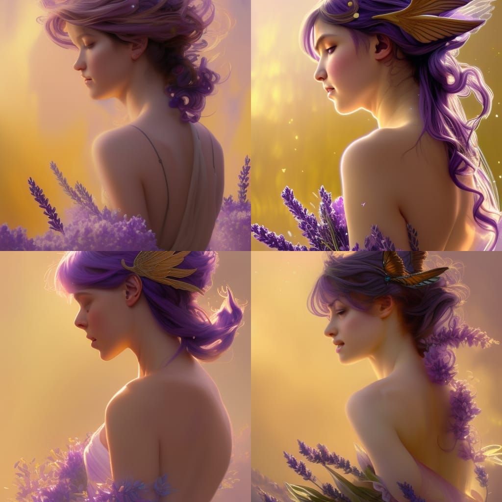 A lavender fairy with bright golden wings and a pretty purpl...