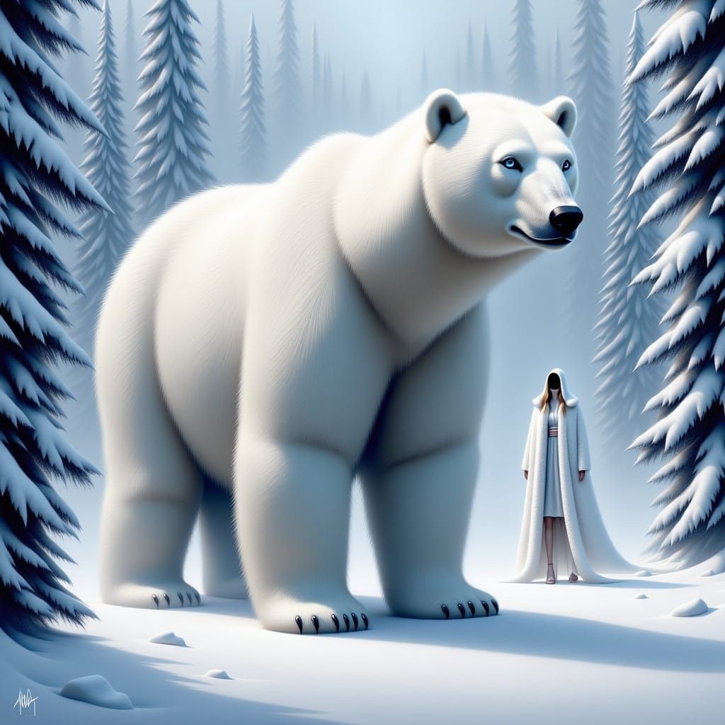 <lora:White Fantasy:1.0>White Bear in a Winterscene Landscape, Hyper-detailed 3D glossy oil airbrush artwork, setting with a slender white F...