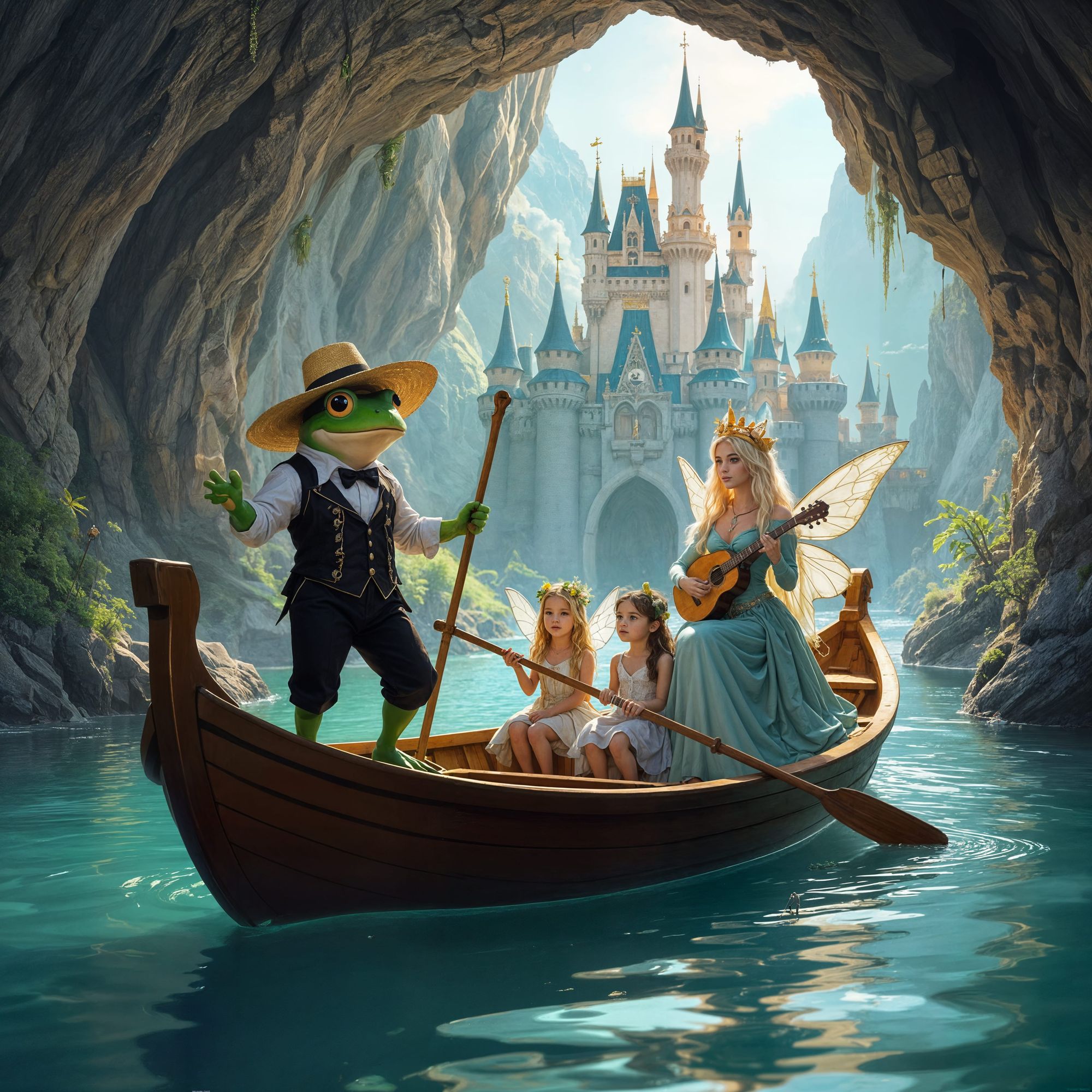 A boat in a canal in an underground mountain cave turned into a castle. The boat is a long row boat. In the middle of the  boat is a green f...