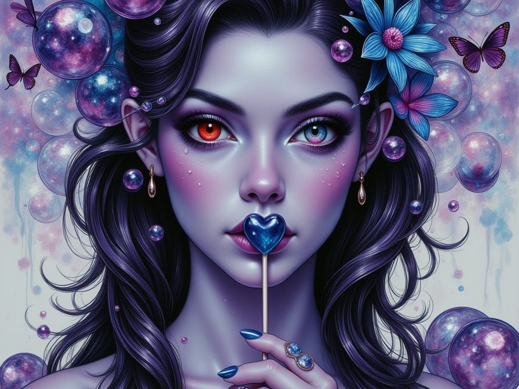 Surreal fantasy pin-up of a candycore "TRICLOPS" femme fatale in a retro bubblegum aesthetic. 
The purple skinned Triclops has "Three eyes" ...