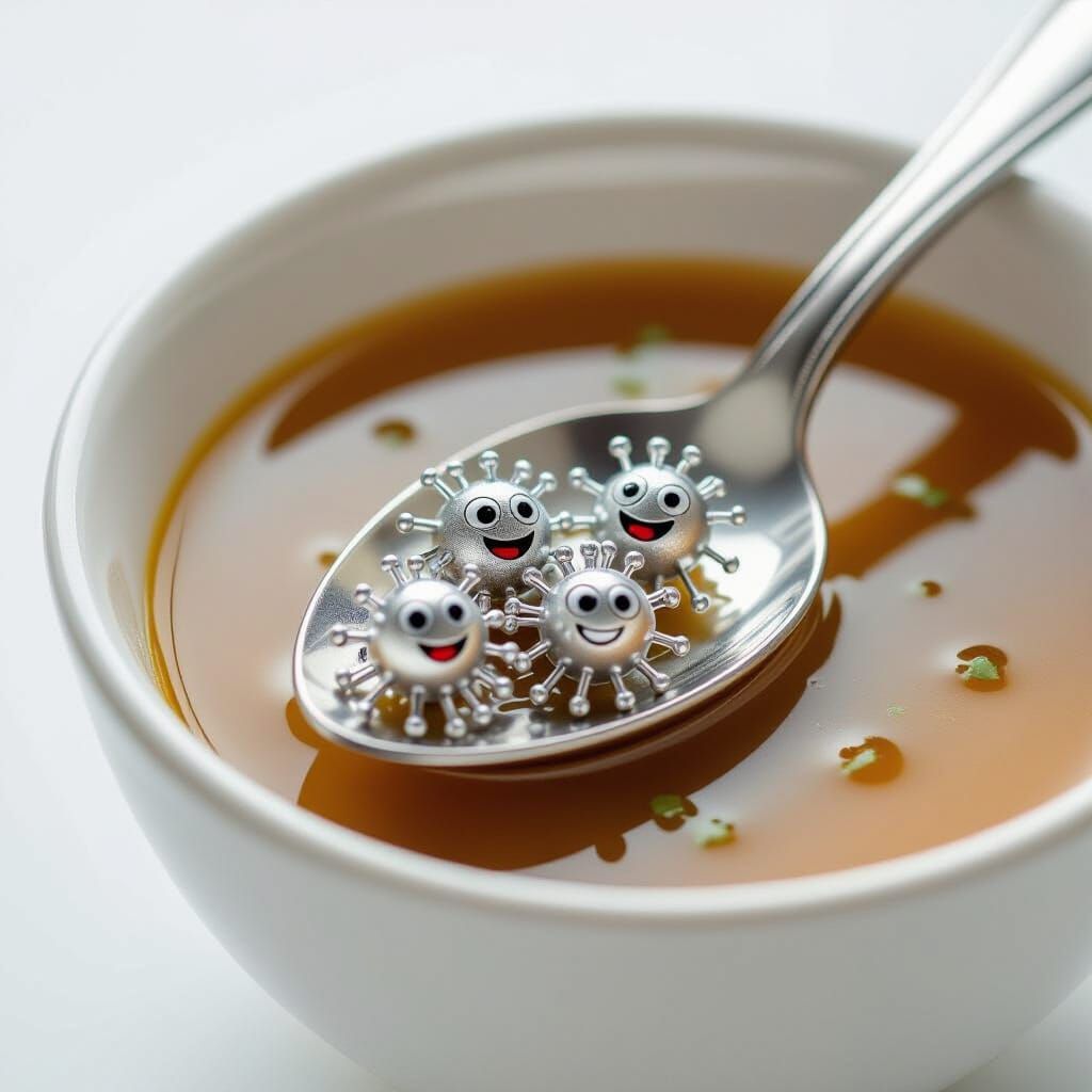 помоги написать промпт: ИЗОБРАЗИ МНЕ изображение гипер реалистичное, ИЗОБРАЗИ НА БЕЛОМ ФОНЕ серебряную ложку рядом с тарелкой с супом. ложка...