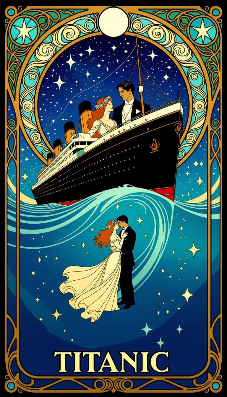 A surreal reinterpretation of “Titanic” as an art nouveau poster. The ship appears as a floating crystal palace above a cosmic sea of stars,...