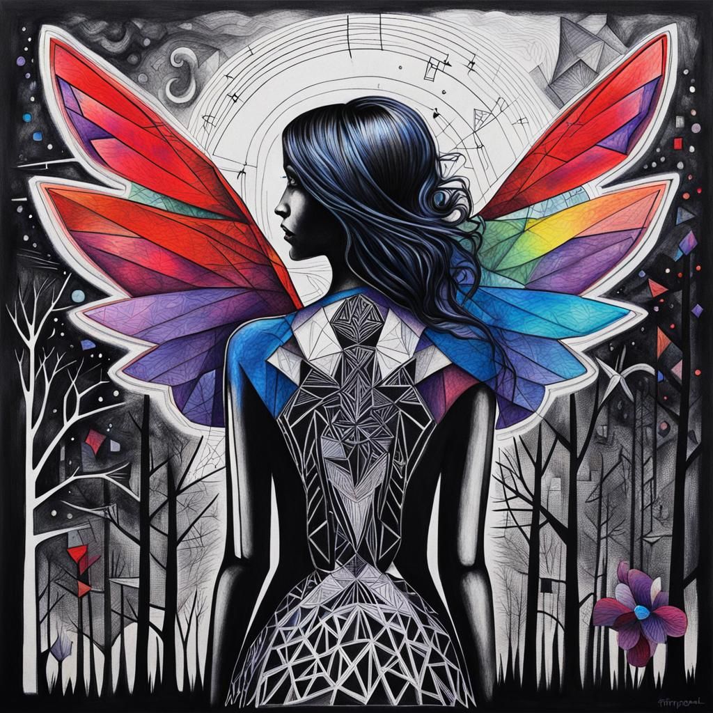 Cubist goth woman with geometry wings on her back, black on black, blue and purple and red highlights trees, Kids Crayon drawings ,surreal c...