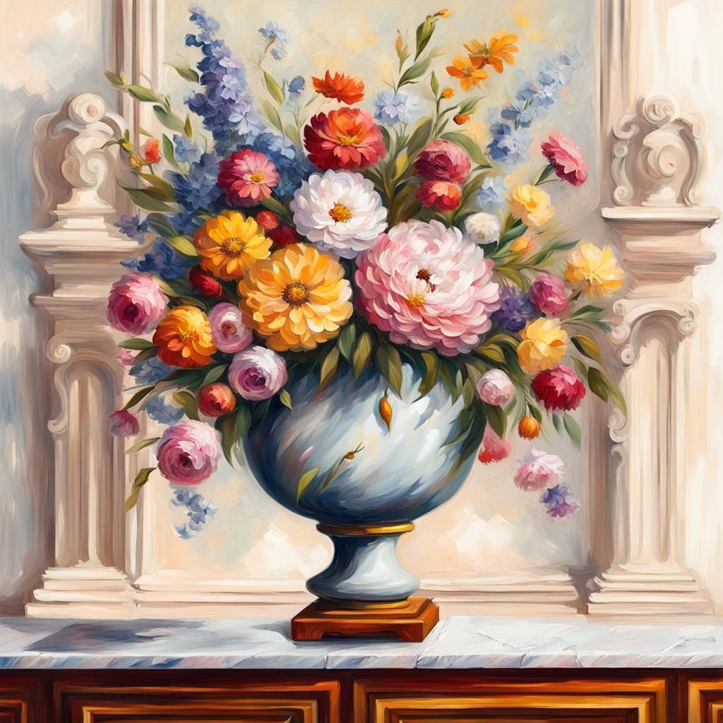 A marble Large VASE FILLED WITH MANY DIFFERENT FLOWERS .AS Y...