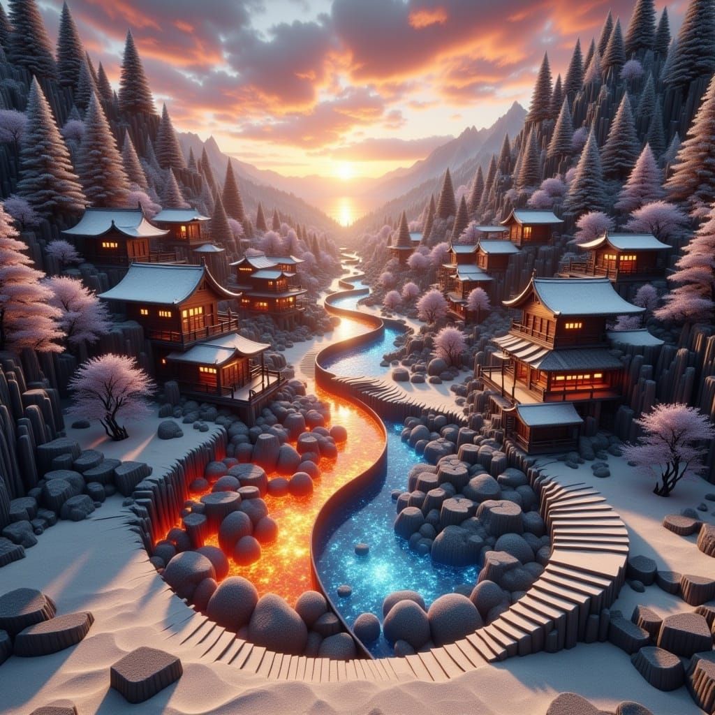 Yin-yang scenery on a crumbling sand stairs, Distant hyperdetailed fire_and_waterfalls_village inside a winter japanese garden, colorful sun...