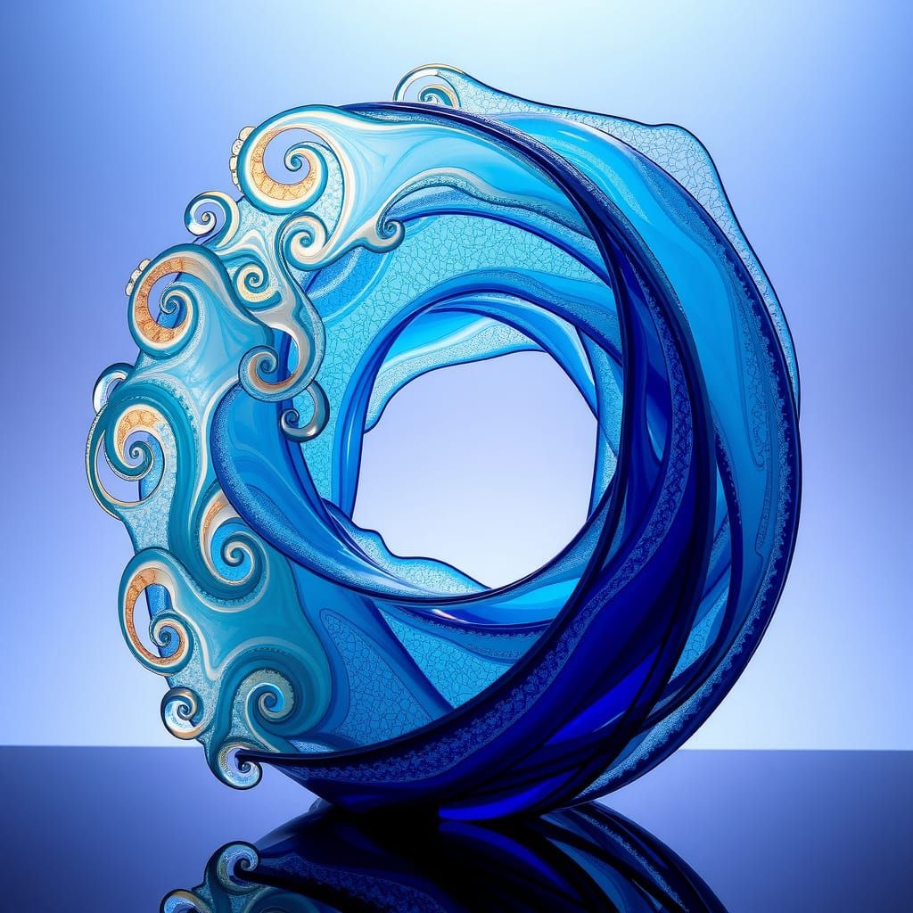 Abstract sculpture of Kanagawa Wave, Neon blue Glass sculpture   by @draconewcal