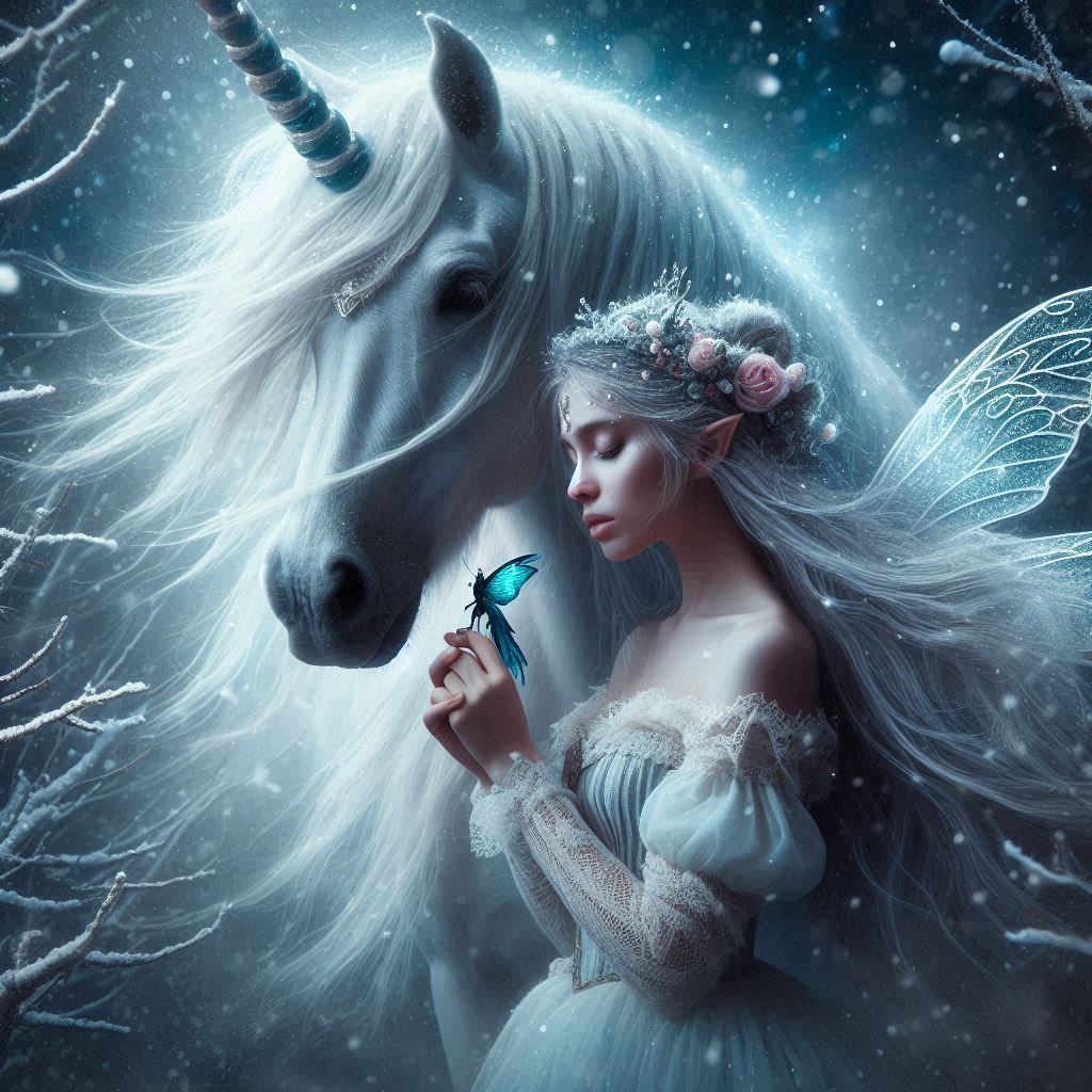 Mystical unicorn and faerie in snow storm