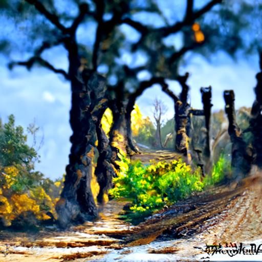 Dirt road through an oak forest to a distant medieval town P...