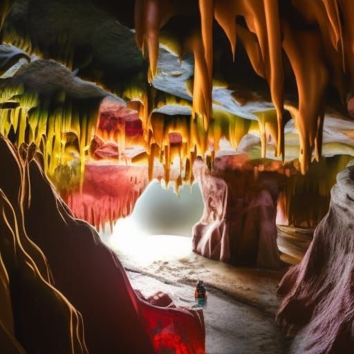 surreal view from inside a massive hollow cave with stalagmi...